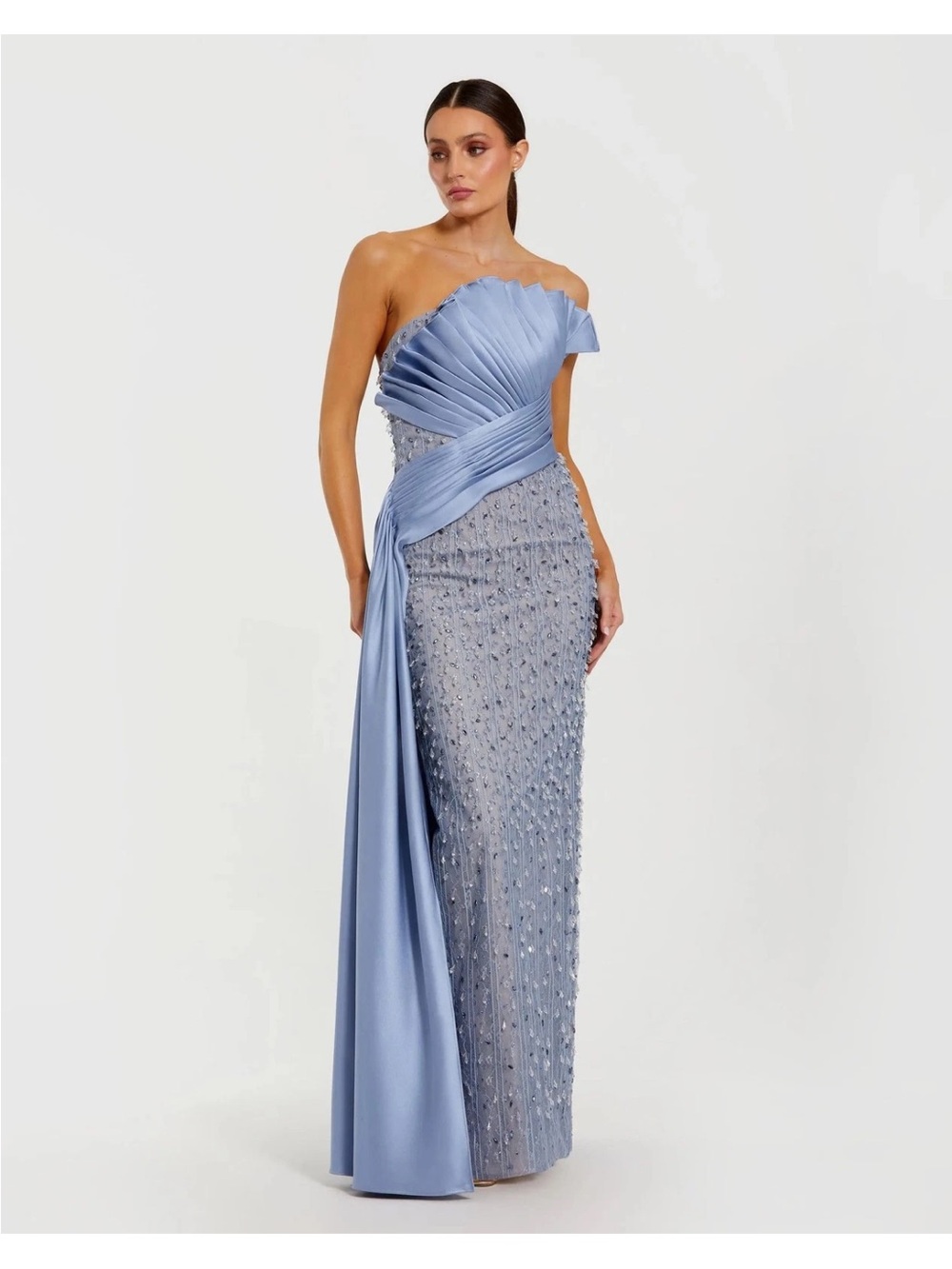 Mac Duggal 11909 Blue Beaded Lace Column Gown with Satin Sash Sz 8 NEW